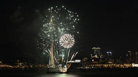 View the fireworks show with the Macau city at the background in Macau, China. Stock Footage