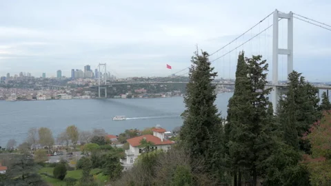 View to the First Bosphorus Bridge in Istanbul, Turkey, from the Asian side Stock Footage 260325692