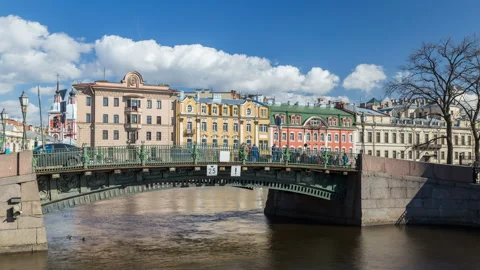 View to the First Engineer Bridge on the Moyka River and red and yellow Olsufiev Stock Footage 110686442