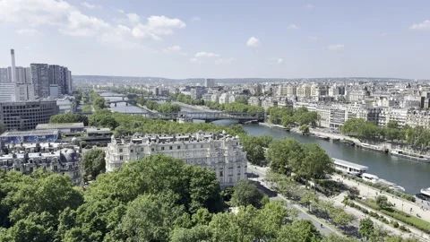 View from first floor of Eiffel Tower overlooking Paris, France in spring Stock Footage 337196726