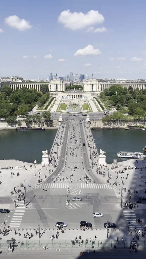 View from first floor of Eiffel Tower overlooking Trocadéro gardens in Paris Stock Footage 337196728