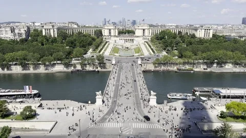 View from first floor of Eiffel Tower overlooking Trocadéro gardens in Paris Stock Footage 337196734