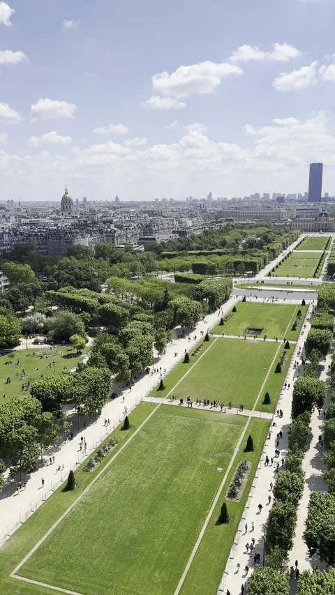 View from first floor of Eiffel Tower overlooking Champ de Mars in Paris, France Stock Footage 337196762