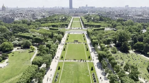 View from first floor of Eiffel Tower overlooking Champ de Mars in Paris, France Stock Footage 337196767