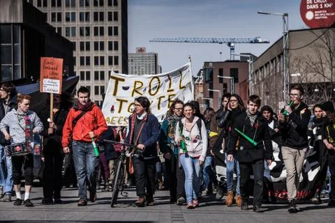 View of the First line of Protesters walking in the Street Stock Photos