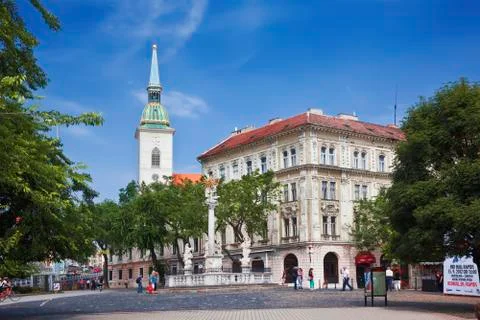 View of the Fish square with the column of the Holy Trinity. Bratislava, Stock Photos
