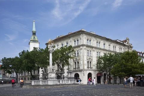 View of the Fish square with the column of the Holy Trinity. Stock Photos