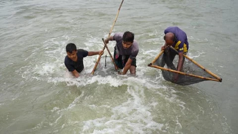 View of fishermen using traditional nets in a river, Bangladesh. Video stock 335552519