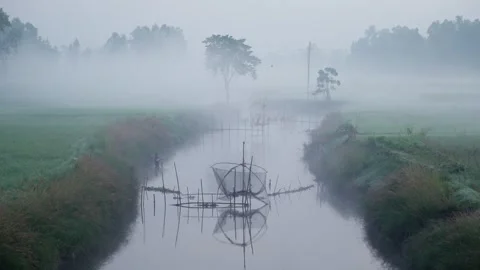 View of fishing nets in a misty river, Bangladesh. Vídeos de archivo 335618663