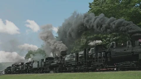 View of Five Header of Shay Steam Engines, Approaching, Blowing Lots of Smo.. Stock Footage 246429062