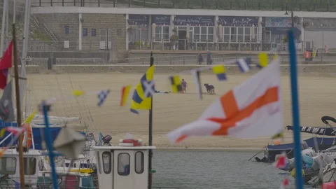 View of flags and people at a beach Stock Footage 124942832