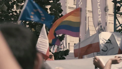 View of the flags and people in the protest in Warsaw. Stock Footage 124818690