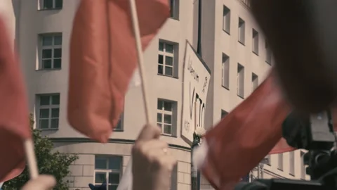 View of the flags and people in the protest in Warsaw. Stock Footage 124820513