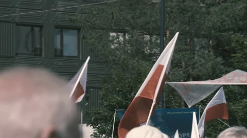 View of the flags and people in the protest in Warsaw. 스톡 동영상 124877018