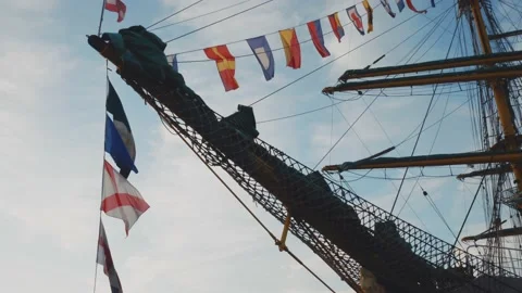View of flags on classic sailing vessel during sailing boat festival Stock-Footage 219252796