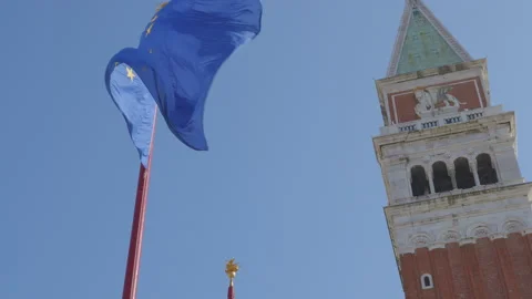 View of Flags, St. Mark's Campanile, Doge's Palace, Columns in Venice, Italy. 4k Stock-Footage 152989950