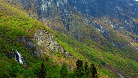 View of Flam mountains and waterfall in Norway. Video stock 340639934