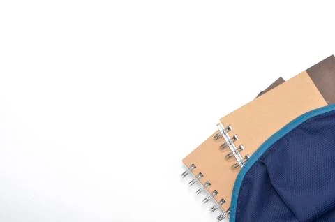 View of flat lay with school backpack and stationery with space for text on w Stock Photos