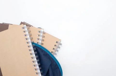 View of flat lay with school backpack and stationery with space for text on w Stock Photos