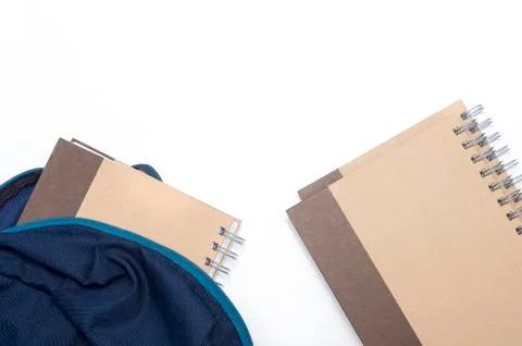 View of flat lay with school backpack and stationery with space for text on w Stock Photos