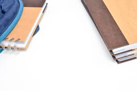 View of flat lay with school backpack and stationery with space for text on w Stock Photos