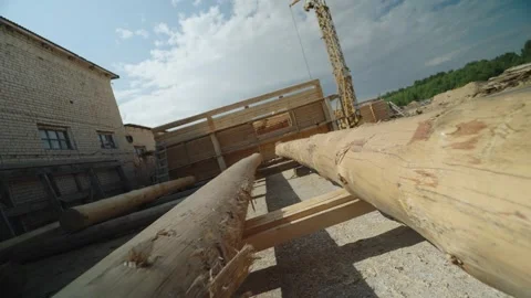 View of flat wooden logs after processing for construction. Stock Footage 321181417