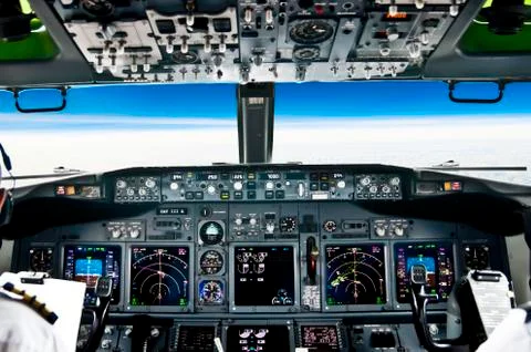 View from the flight deck of modern airliner plane Stock Photos