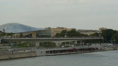 View Floating Bridge Of Zaryadye Park And Moskvoretskaya Embankment  Stock Footage 80426525