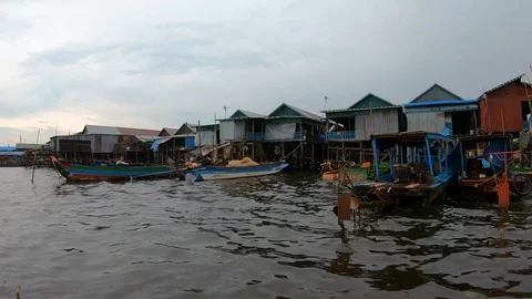 View of floating village at Siem Reap Tonle Sap Kompong Phluk, Cambodia Stock Footage 108201341