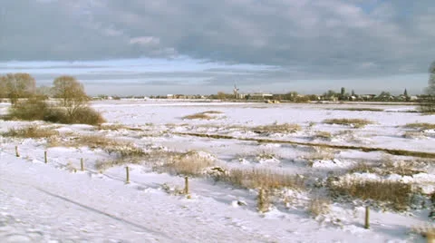 View of flooded river ijssel from dike in winter, The Netherlands Stock Footage 23725439