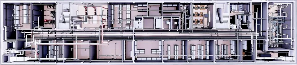 View of floor plan 3D BIM model of building with utilities Ilustración de archivo