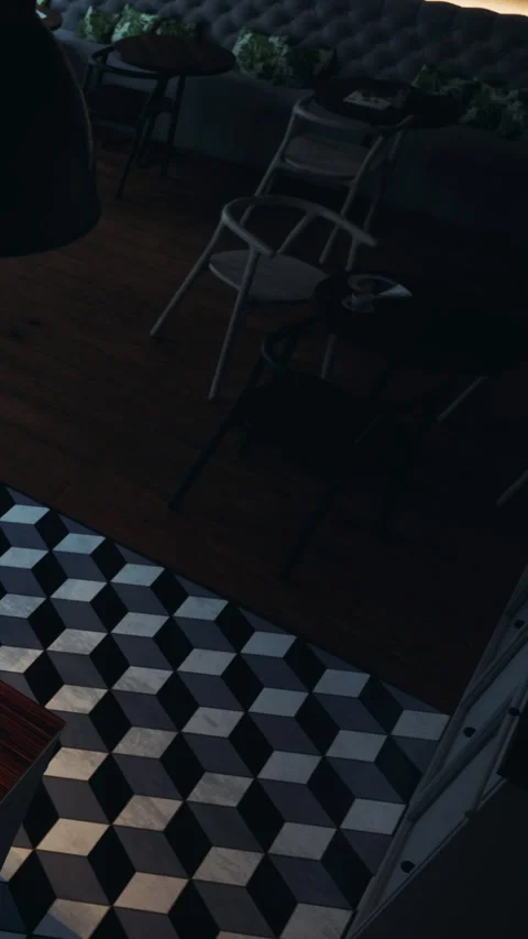 View of floor tiles and empty chairs in a small cafe during the evening Stock Footage 335098671