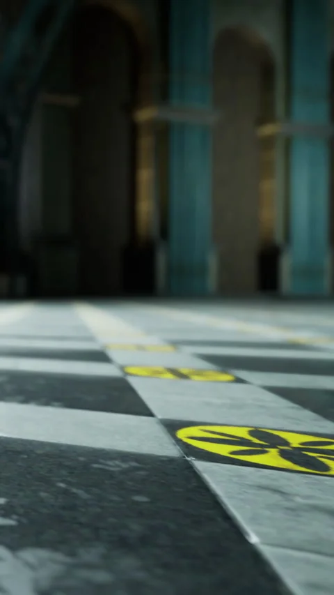 View of floor tiles inside a building with yellow markers and gray patterns Stock Footage 332208723