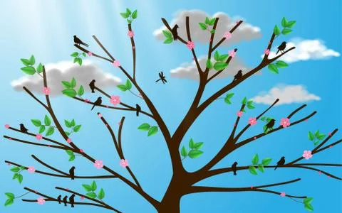 View of flower and leafs spring on the tree Stock Illustration
