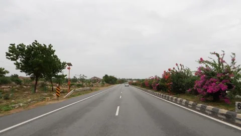 View of flowers on road divider, Four lane road footage Stock Footage 156971796