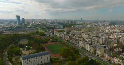 View from a flying drone over the city of Paris. Cityscape of the most popular Video stock 219819170