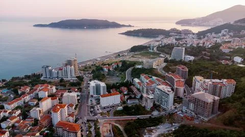View from flying drone. Panoramic cityscape of becici, Budva, Montenegro. Top Stock Photos