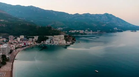 View from flying drone. Panoramic cityscape of becici, Budva, Montenegro. Top Stock Photos