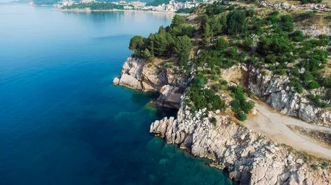 View from flying drone. Panoramic cityscape of becici, Budva, Montenegro. Top Stock Photos