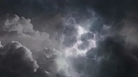 View of flying through lightning flashes in clouds and dark sky Stock Footage 213899927