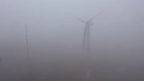 View in the fog of wind destroyed wing generator after big disaster Video stock 143558243