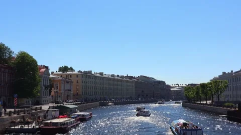 View of the Fontanka River and active movement of river tourist transport Stock Footage 313295237