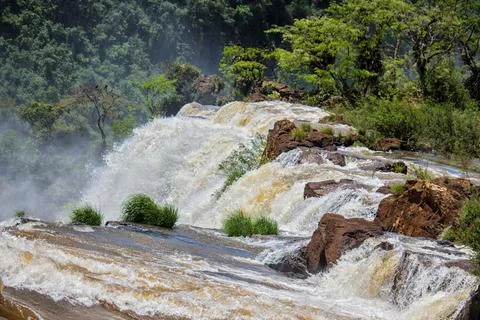View of the force of the water at the edge of a waterfall at Iguazu Falls, .. 写真素材