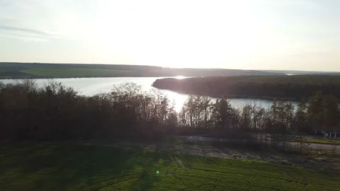 View of the forest on the background of a quiet river at sunset in the summer. Stock Footage 95898260