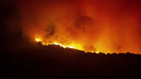 View of a forest fire burning on a hillside in Spain. Video stock 340638058