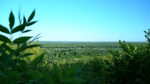View of the forest from the hill, small buildings below Stock Footage 158443609