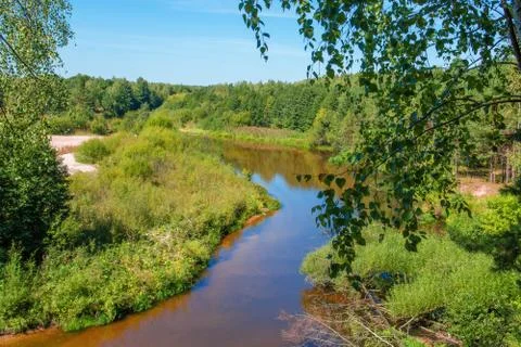 View of forest river over the summer woodlands. Autumn view from a height of  Stock Photos