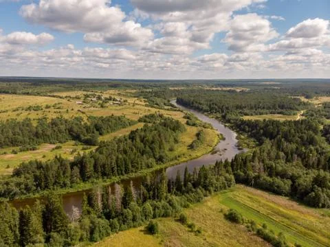 View of the forest river in the summer with a drone Stock Photos