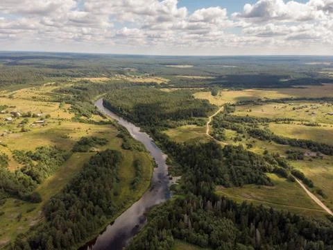 View of the forest river in the summer with a drone Stock Photos