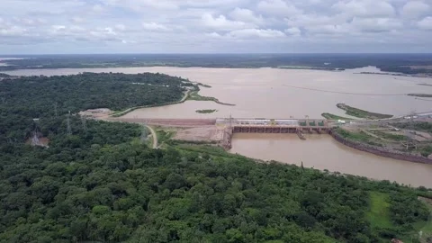 View of forest trees, Madeira river Santo Antônio Hydroelectric power plant dam Stock Footage 159720466